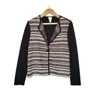 Chico's Cardigan Size 1 Womens Black White Stripe Weave One Button Sweater M/L